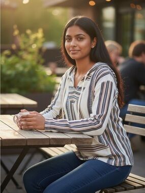Wildflowers Striped Hoodie Top in Cream, Navy & Brown